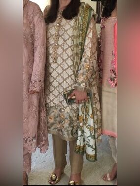 Embroidered Long Sleeve Lawn Dress with Trousers and Dupatta - Sage Green